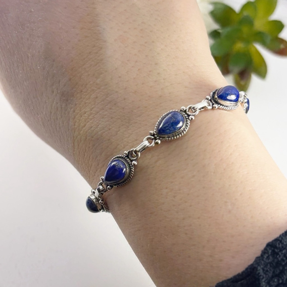 Lapis Lazuli Gemstone Bracelet Blue Southwest Boho Vintage Style New 925 - Picture 3 of 6